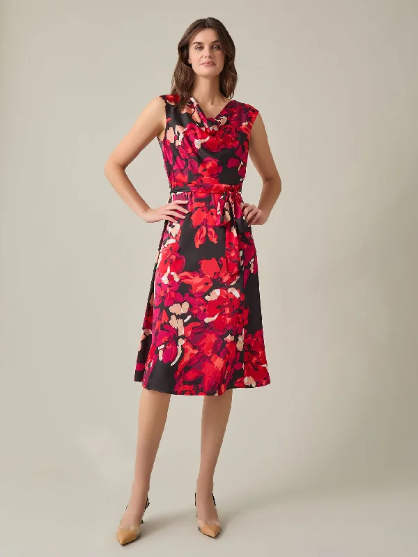 Petite Cowl Neck Fit-and-Flare Dress, Floral Satin High-low unclassified dresses