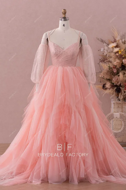 Glitter Pleated Tulle Designer Ruffled Princess Ball Gown Dress