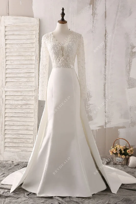 Plunging Neck Lace Satin Mermaid Overskirt Wedding Dress