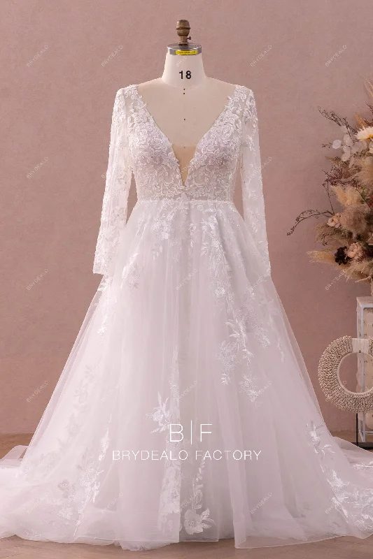 Plus Size Sheer Sleeve Beaded Lace Wedding Ball Gown