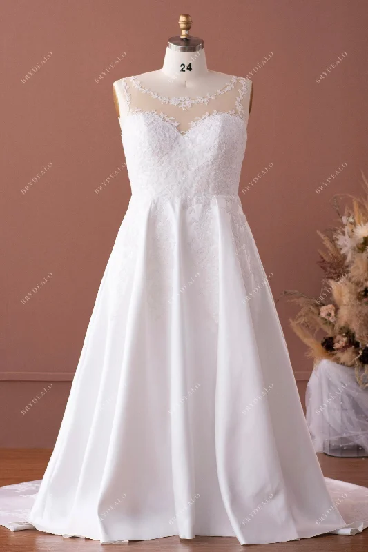 Plus Size Illusion Neck Lace Satin Pockets Wedding Dress