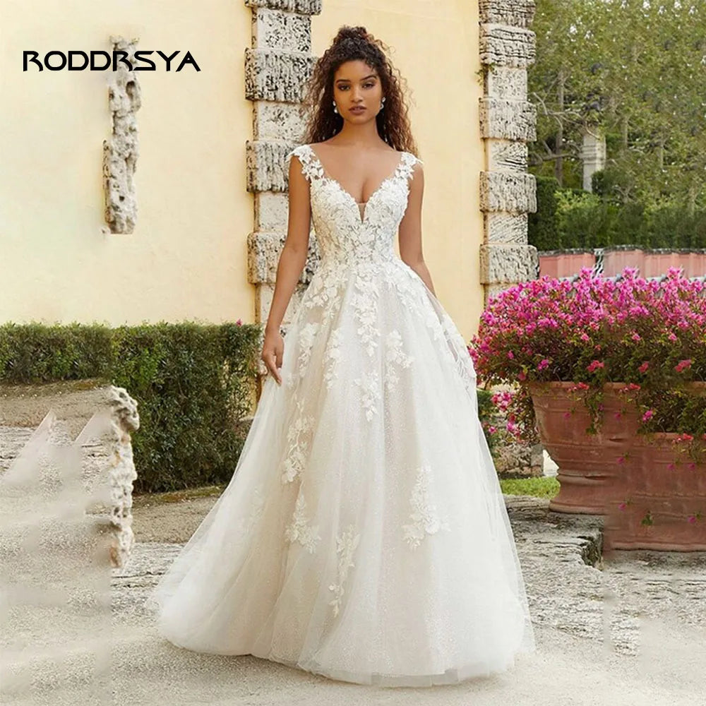 V-neck Boho Wedding Dresses Floor-length Tulle Vestido De Noiva Appliques