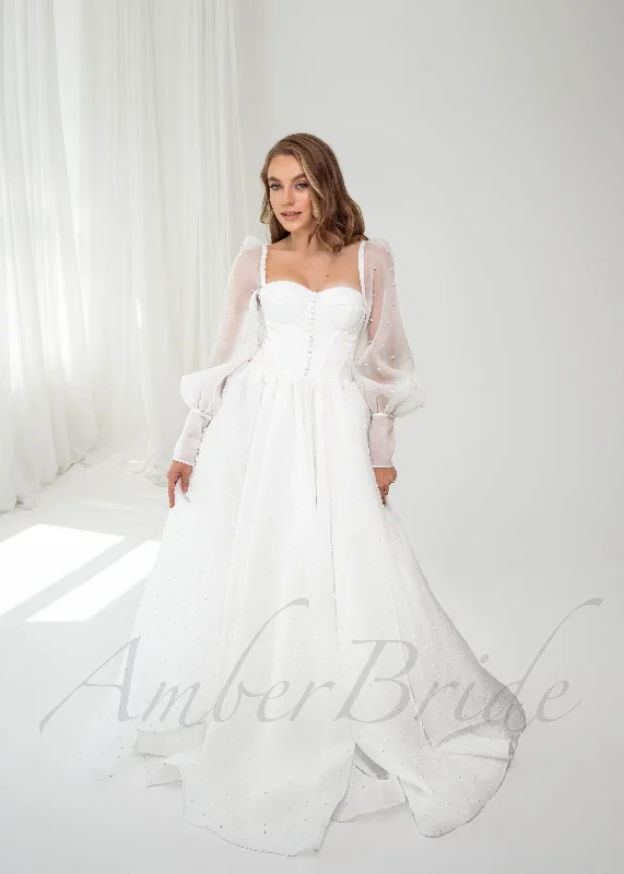 Romantic A Line Organza Wedding Dress with Bishop Sleeves and Pearled Design