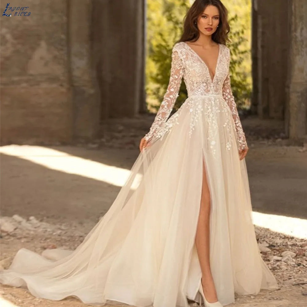 A-line Wedding Dress For Women Grace Flowers Embroidery Bridal Gowns