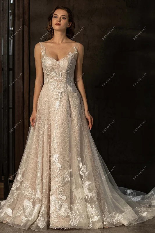 Romantic Asymmetric Floral Lace Destination Wedding Dress