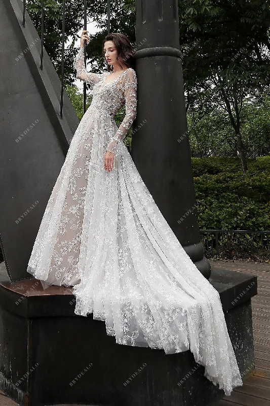 Romantic Flower Lace Long Sleeve Illusion Neck Summer Bridal Dress