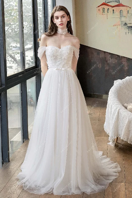 Romantic Shimmery Flower Lace Tulle Country Wedding Dress