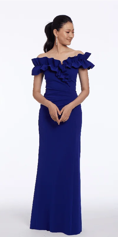 Ruffle Off the Shoulder Crepe Trumpet Dress with Ruching