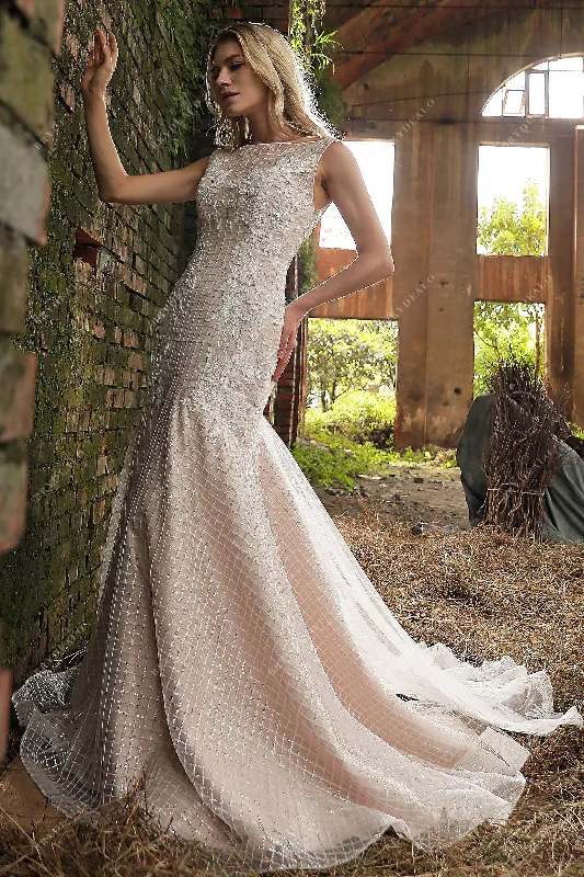 Shimmery Sequined Lace Nude Pink Mermaid Sleeveless Wedding Gown