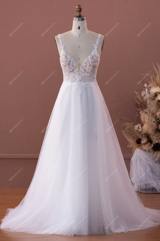 Plunging Neck High Slit Pockets Lace Beach Wedding Dress