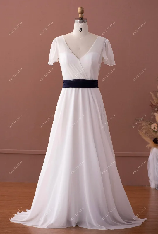 Silk Georgette Flutter Sleeve Navy Sash Beach A-line Wedding Dress