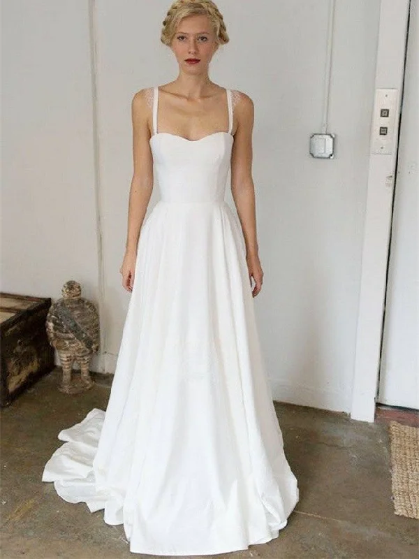 Simple Satin Spaghetti Straps Neckline Sweep Train A-line Wedding Dresses WD160