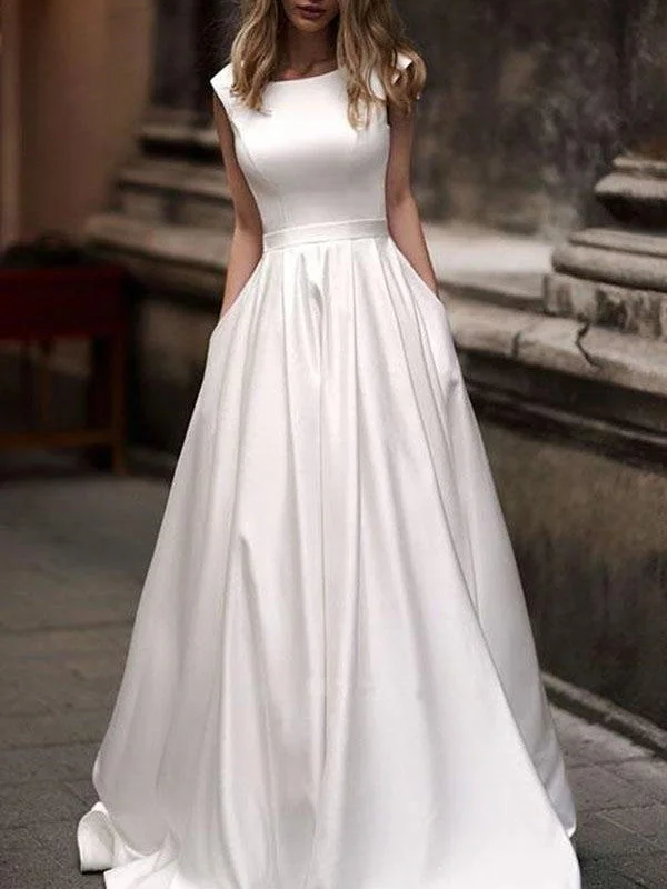 Simple Satin Wedding Dresses A-line Bridal Gowns With Pockets WD325