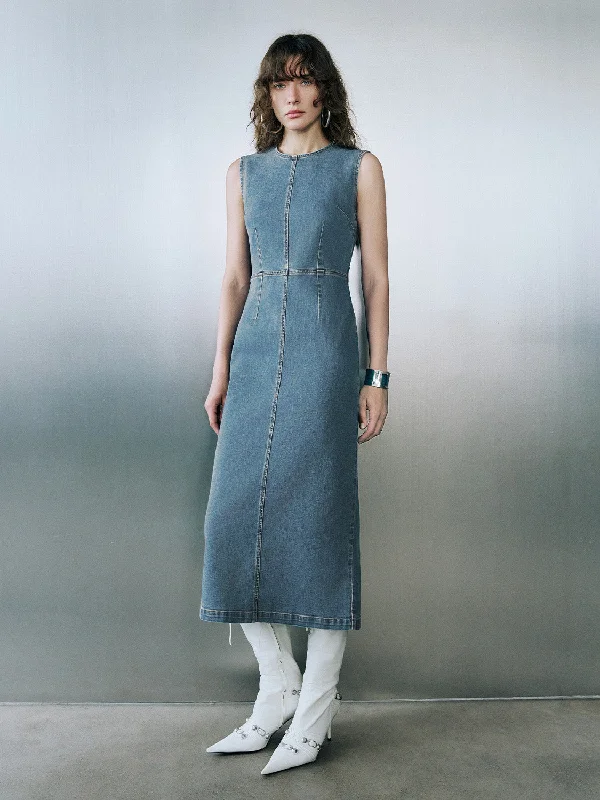 Sleeveless Crew Neck Denim Dress