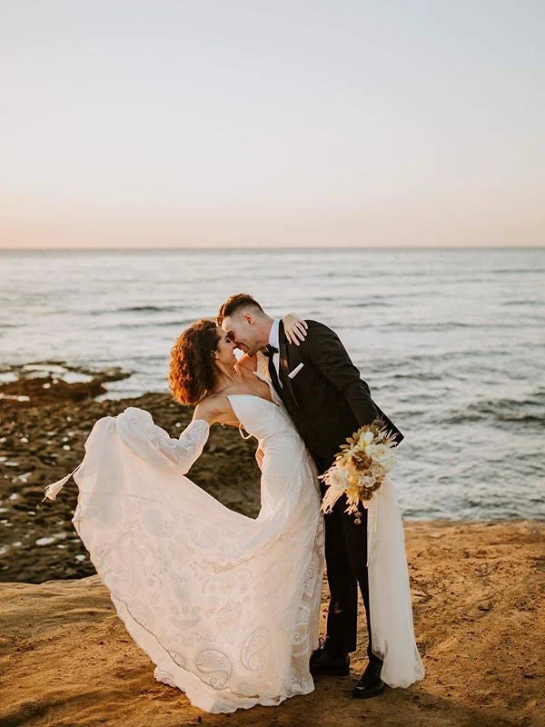 Spaghetti Straps Beaded Off-the-shoulder Backless Mermaid Lace Wedding Dresses With Appliques WD345