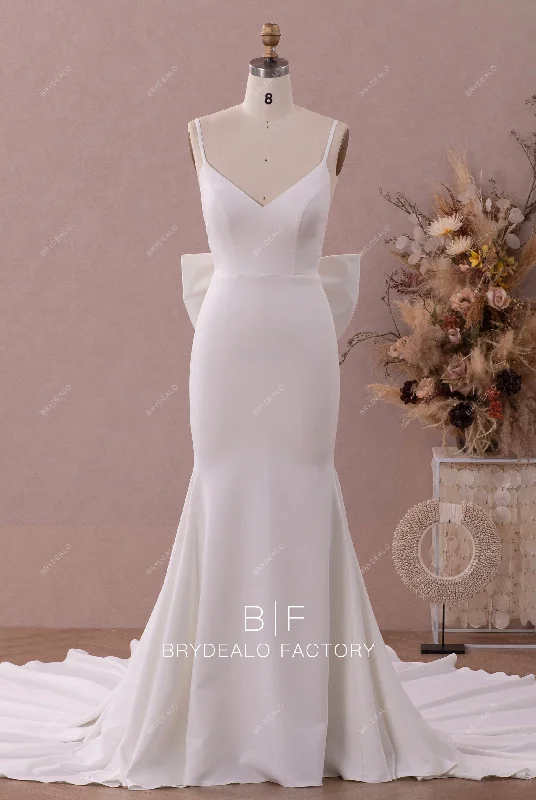 Spaghetti Straps Simple Crepe Big Bow Mermaid Bridal Gown