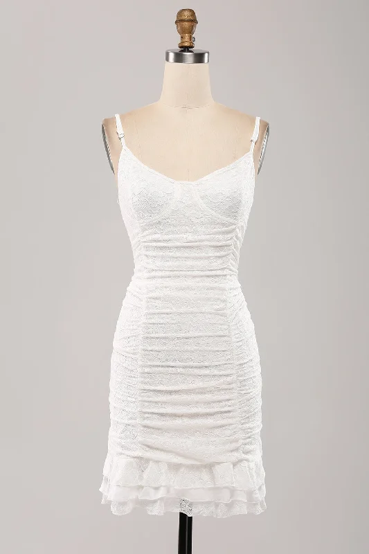 Cute Spaghetti Straps Bodycon Pleated Lace Short White Graduation Dress