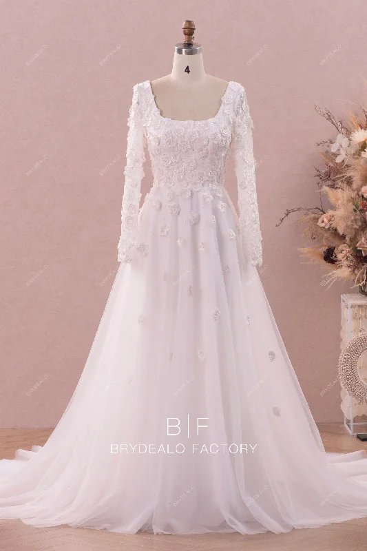 Designer Square Neckline 3D Flower Lace A-line Wedding Dress