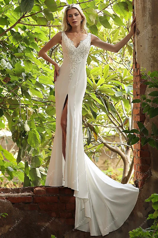 Strap V-neckline Wedding Gown with Lace Detail and High Slit