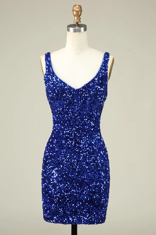 Stylish Sheath V Neck Royal Blue Sequins Short Homecoming Dress One-shoulder unclassified dresses