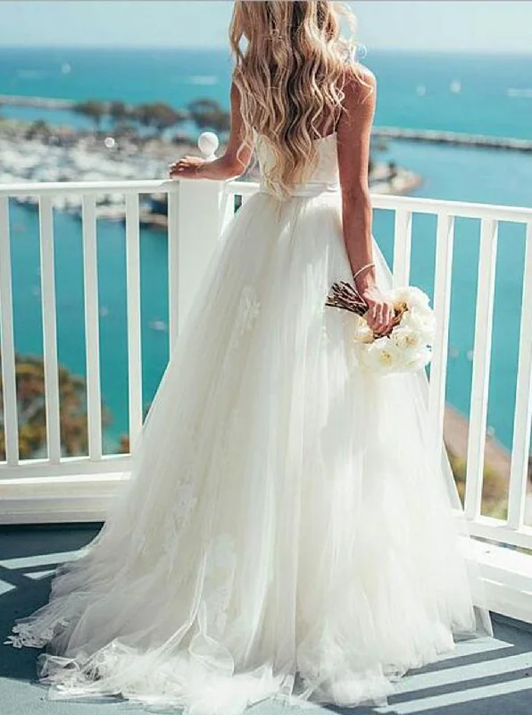 Unique Tulle Spaghetti Straps Neckline A-line Wedding Dresses WD147