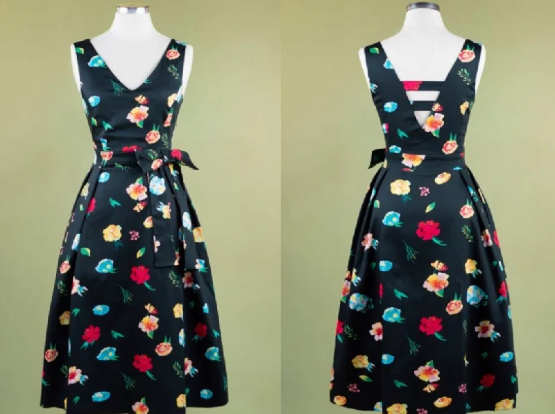 V-Neck Black Flower Dress