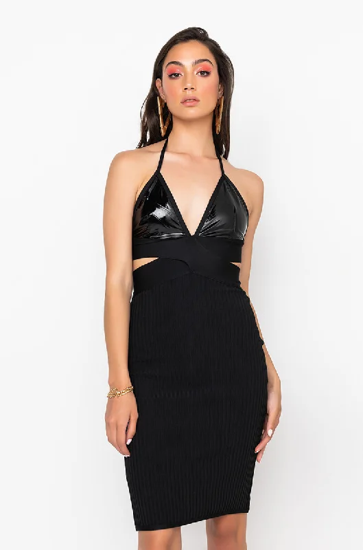 WISH LIST BANDAGE DRESS WITH VINYL BRA TOP