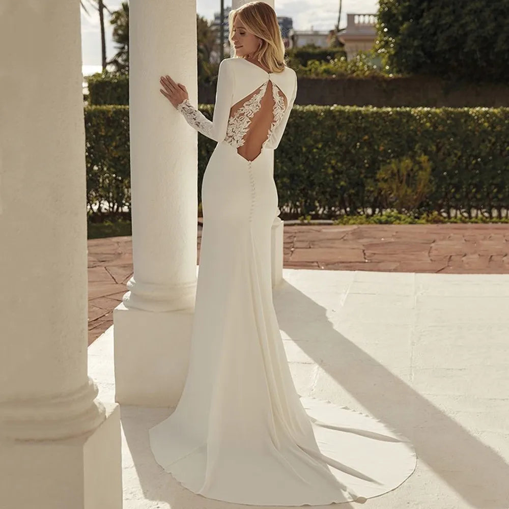 V-Neck Wedding Dress Long Sleeve Lace Appliques Backless