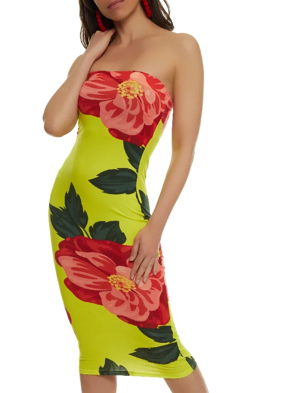 Tropical Print Tube Bodycon Dress