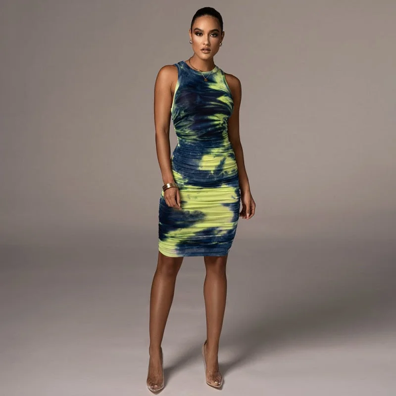 Tie Dye Sleeveless O-Neck Bodycon Dresses