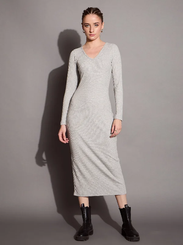 Women Grey Melange Ribbed V-Neck Full Sleeves Bodycon Dress